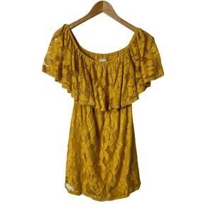 Flying Tomato Women's Golden Yellow Lace Overlay Off-Shoulder Blouse Size Small